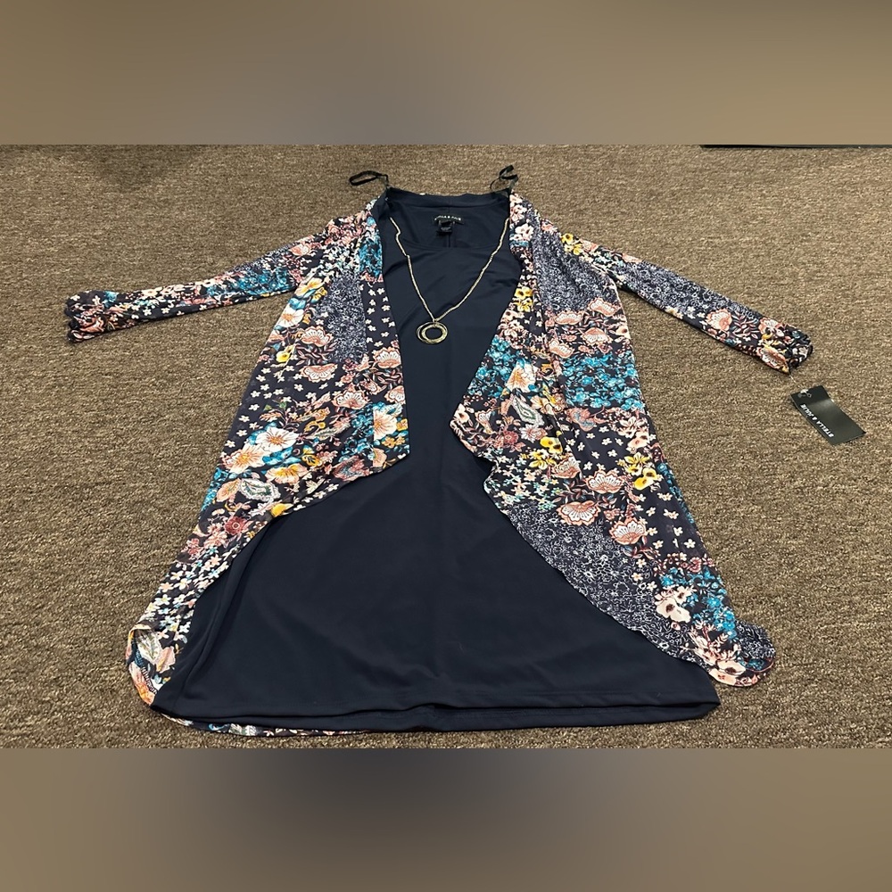 NWT! Stella and Julie Sz 6 Floral Open Cardigan with Navy Dress 2 pc gorgeous